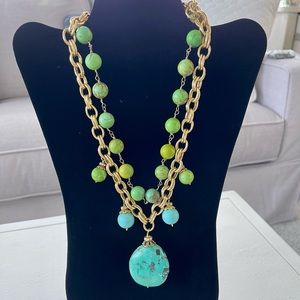 Statement Necklace, blue and green multi strand, gold metal